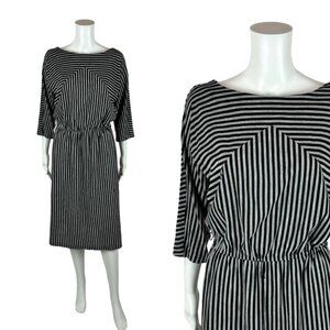Vintage 80s Striped Dress Women's Medium Black White Slouchy Batwing Sleeves